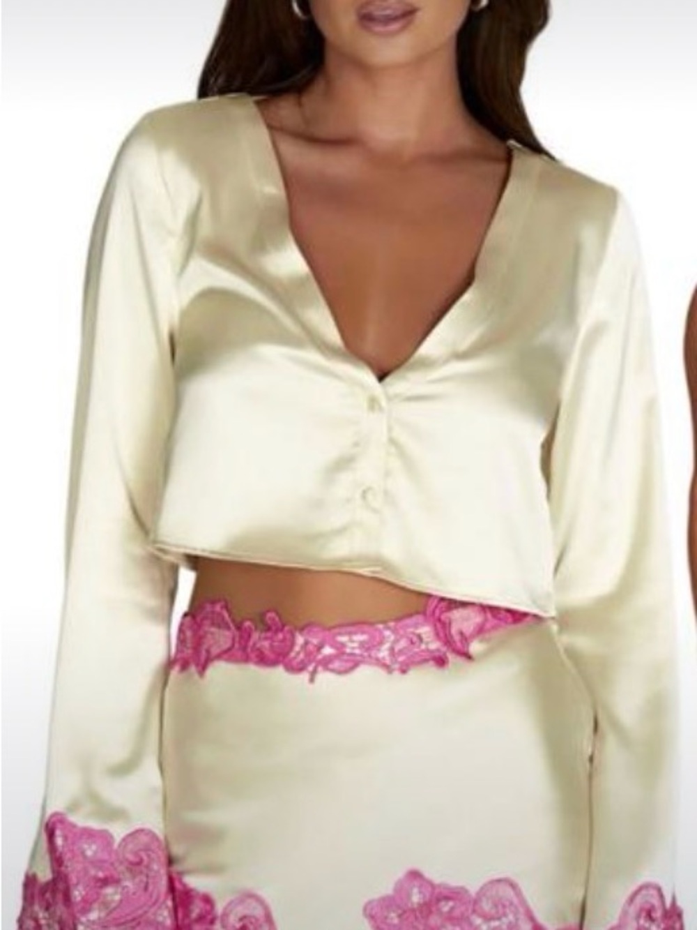 Meshki Ivory Satin Crop Top with Pink Lace Trim